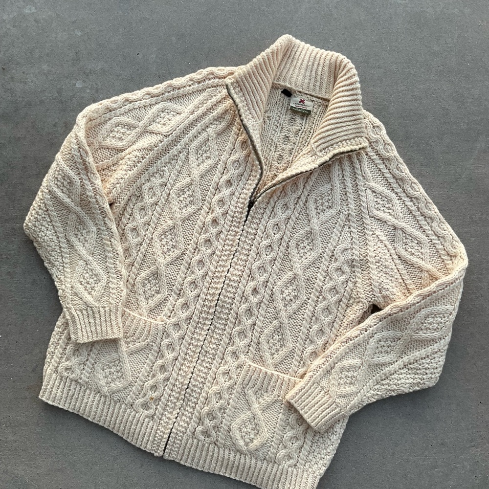 Carraig Donn Ireland Cable Knit 100% Merino Wool Full Zip Sweater